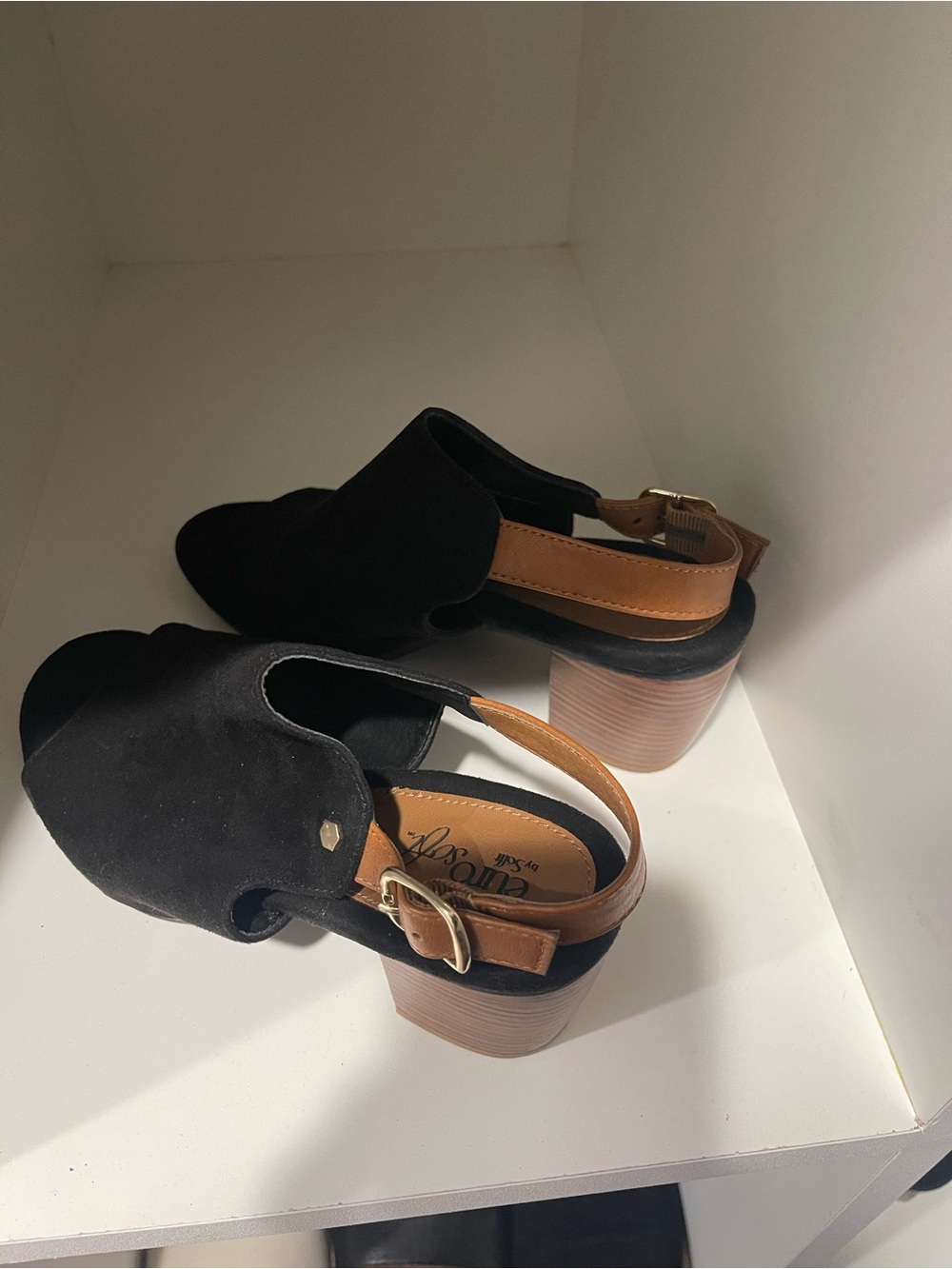 Black Suede Open-Toe Block Heel Sandals with Tan Slingback